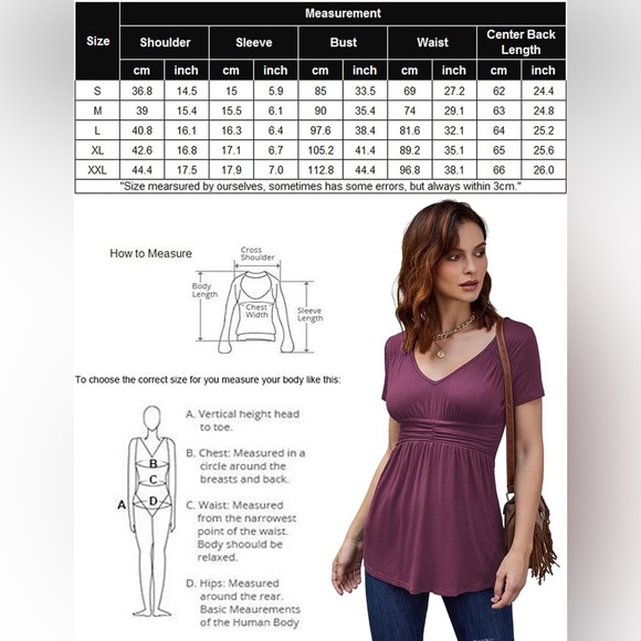 SoTeer V Neck Empire Waist Shirt Short Sleeve A Line Pleated Tops, Small, Purple - Picture 5 of 6